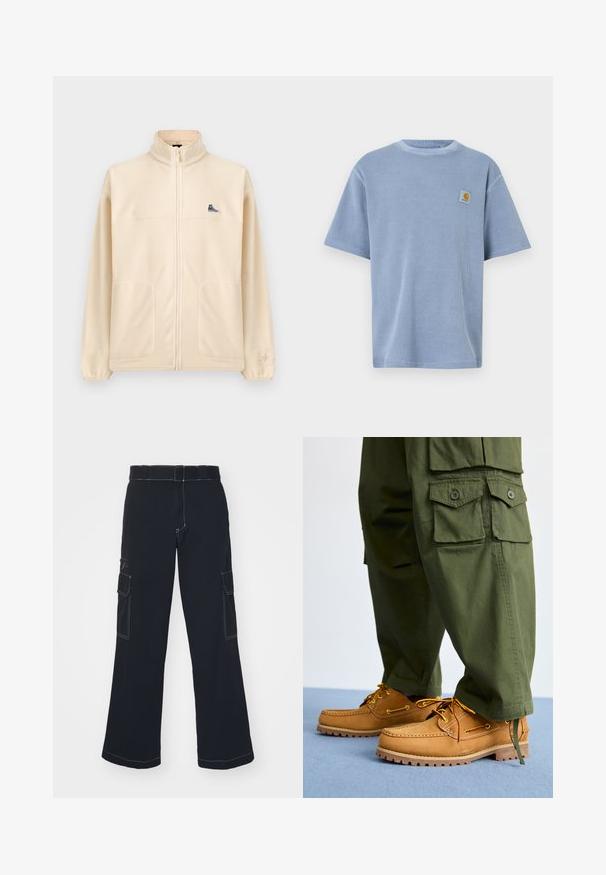 Veste polaire beige à fermeture éclair avec col montant, deux poches avant, petit écusson de basket noir sur la poitrine et logo Converse discret sur la manche gauche.; T-shirt bleu clair à manches courtes avec un motif côtelé texturé et un patch logo brodé sur la poitrine gauche. Encolure ronde.; Pantalon cargo noir à jambes larges, doté de deux poches latérales, de coutures contrastantes et d'une taille standard. Matière en coton doux.; Timberland AUTHENTIC 3 EYE - Chaussures bateau - wheat