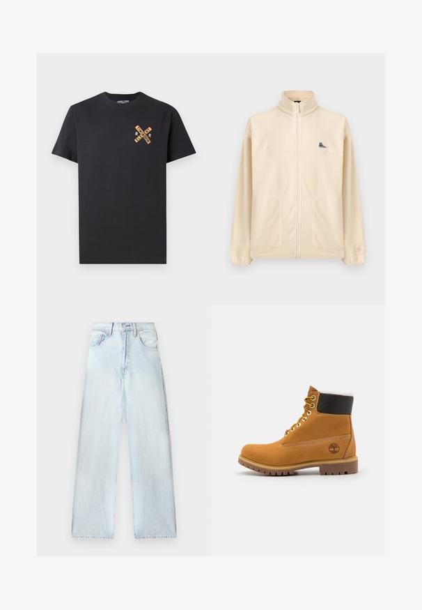 Beige fleecevest met ritssluiting, hoge kraag, twee voorzakken, een klein zwart sneakerpatch op de borst en een subtiel Converse-logo op de linkermouw.; Zwart katoenen T-shirt met een grafisch ontwerp in oranje, waarop de woorden "ELEMENT" en "REMEMBER" in een kruispatroon op de borst zijn afgebeeld.; Lichtblauwe spijkerbroek met een losse pasvorm, hoge taille, vijf-pocketontwerp en rechte pijpen. Vervaagde textuur met zichtbare stikdetails.; Bruine leren enkellaars met metalen oogjes, witte faux bont voering, zwarte gewatteerde kraag, robuuste zool en een reliëflogo aan de zijkant.
