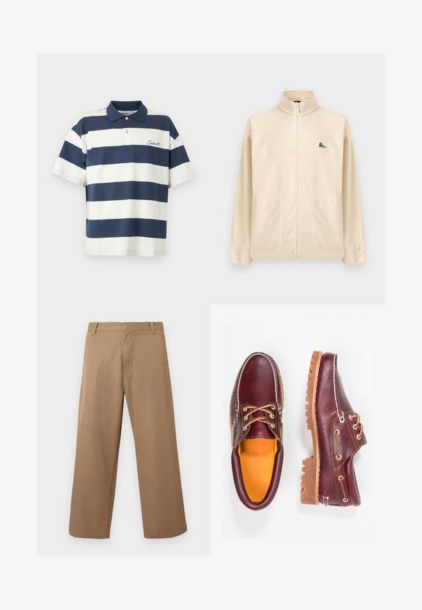 Veste polaire beige à fermeture éclair avec col montant, deux poches avant, petit écusson de basket noir sur la poitrine et logo Converse discret sur la manche gauche.; Polo à manches courtes à rayures horizontales bleu marine et blanc, avec col et patte de boutonnage à deux boutons, arborant un petit nom de marque brodé sur la poitrine.; Pantalon beige à jambes larges avec passants pour ceinture, bouton sur le devant et fermeture éclair, présenté sur un fond clair uni.; Chaussures en cuir bourgogne avec semelles en caoutchouc marron, bout rond, couture blanche et œillets dorés. L'intérieur présente une doublure jaune.