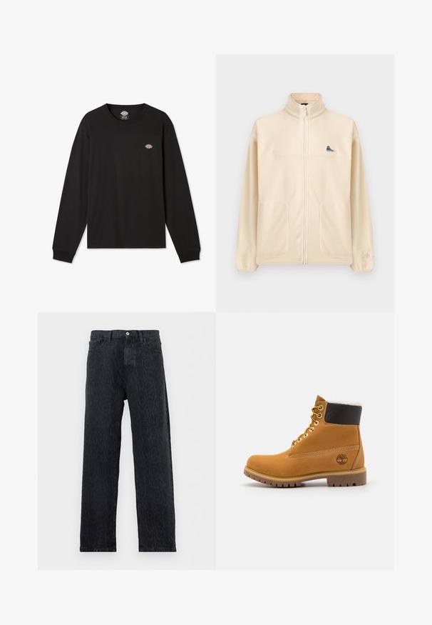 Beige fleecejakke med lynlås, høj krave, to forlommer, lille sort sneakerspatch på brystet og diskret Converse-logo på venstre ærme.; Sort langærmet T-shirt i bomuld med et lille flerfarvet Dickies-logo på venstre brystområde og ribbede manchetter.; Sorte jeans med lige ben og subtilt mørkt dyreprintmønster, med knap- og lynlåslukning samt forlommer, vist på hvid baggrund.; Brune læder ankelstøvle med metaløjer, hvid pelsforing, sort polstret krave, robust sål og præget logo på siden.