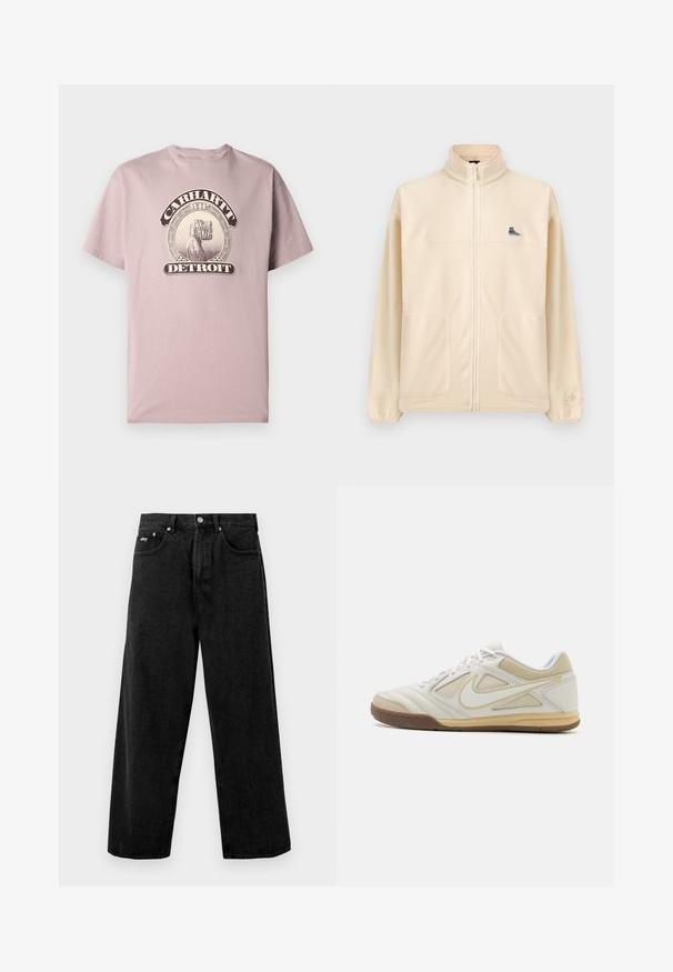 Beige fleecevest met ritssluiting, hoge kraag, twee voorzakken, een klein zwart sneakerpatch op de borst en een subtiel Converse-logo op de linkermouw.; Lichtroze katoenen t-shirt met een ronde halslijn en korte mouwen, voorzien van een vintage-stijl grafisch ontwerp met "Carhartt WIP Detroit."; Zwarte wijde jeans gemaakt van denim, met een knoopsluiting en voorzakken. Subtiel merklogo op de tailleband. Matte textuur.; Witte sportieve schoen met een textuur bovenwerk, grijze accenten, vetersluiting en een tan rubberen zool. Heeft een onderscheidend logo aan de zijkant.