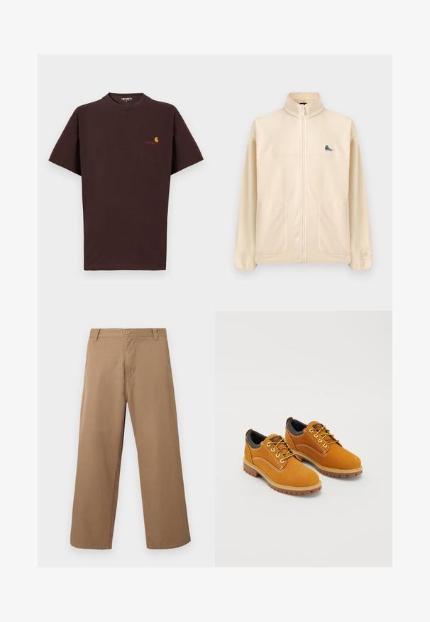 Veste polaire beige à fermeture éclair avec col montant, deux poches avant, petit écusson de basket noir sur la poitrine et logo Converse discret sur la manche gauche.; T-shirt en coton marron à manches courtes, col rond, logo sur la poitrine gauche en orange et rouge, ourlet droit et coupe décontractée.; Pantalon beige à jambes larges avec passants pour ceinture, bouton sur le devant et fermeture éclair, présenté sur un fond clair uni.; Chaussures en daim marron avec un bout rond, des lacets jaunes, un col rembourré noir et des semelles en caoutchouc avec des rainures de traction.