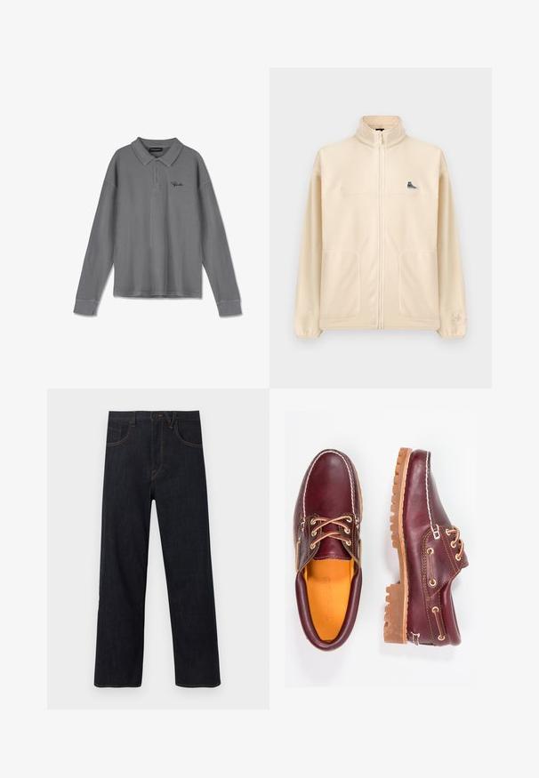 Beige fleecevest met ritssluiting, hoge kraag, twee voorzakken, een klein zwart sneakerpatch op de borst en een subtiel Converse-logo op de linkermouw.; Lange mouwen polo in gestreept grijs stof. Heeft een kraag, een knoopsluiting met drie knopen en subtiele zwarte branding op de borst.; Donkerblauwe jeans met rechte pijpen, voorzijde met knoop- en ritssluiting, voorzien van zakken en oranje contraststiksels.; Bordeaux leren schoenen met bruine rubberen zolen, ronde neus, witte stiksels en gouden veterogen. Het interieur heeft een gele voering.