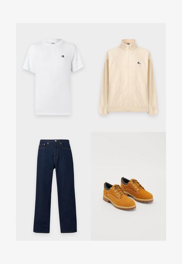 Veste polaire beige à fermeture éclair avec col montant, deux poches avant, petit écusson de basket noir sur la poitrine et logo Converse discret sur la manche gauche.; T-shirt blanc uni à manches courtes et col rond avec un petit logo brodé noir et blanc sur le côté gauche de la poitrine.; Jean en denim bleu foncé à coupe droite, avec bouton sur le devant, fermeture éclair et style cinq poches sur un fond uni.; Chaussures en daim marron avec un bout rond, des lacets jaunes, un col rembourré noir et des semelles en caoutchouc avec des rainures de traction.