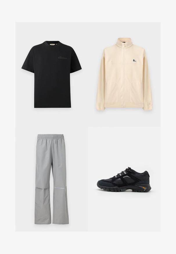 Chaqueta beige de forro polar con cremallera, cuello alto, dos bolsillos delanteros, pequeño parche negro de zapatilla en el pecho y logo sutil de Converse en la manga izquierda.; Camiseta negra de algodón con cuello redondo estándar y mangas cortas. Presenta un logo sutil en relieve en el pecho.; Pantalones impermeables de lluvia de color gris claro con cintura elástica y banda reflectante en la pierna derecha, diseñados para uso al aire libre.; Zapato exterior negro hecho de ante y malla con una suela robusta. Presenta acentos grises y la marca Vibram en el costado. Diseño con cordones.