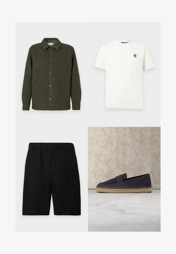 Veste chemise en laine verte avec un col, fermeture à boutons sur le devant, poche poitrine unique et manches longues. Fini lisse et texturé.; T-shirt blanc uni à manches courtes avec col rond et petite écusson logo noir et blanc sur la poitrine gauche.; Shorts noirs avec une ceinture élastique, en tissu texturé, de coupe droite sans poches ni accents visibles.; Mocassin en daim bleu marine avec semelle en jute tissé flottant au-dessus d'un tapis beige, avec un mobilier ambre translucide en arrière-plan.