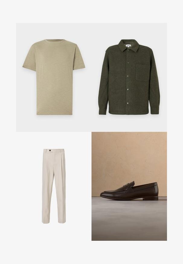 Grøn uldskjortejakke med krave, frontknaplukning, enkelt brystlomme og lange ærmer. Glat, struktureret overflade.; Lys khaki t-shirt, korte ærmer, rund hals, blød tekstur, glat stof, uden mønstre eller detaljer, lige snit, neutral farve.; Beige skræddersyede bukser med lige ben-design, der har frontplisseringer, knaplukning og en glat tekstur.; Mørkebrune læder loaferskørstøvler svæver over et beige tæppe med en buet beige sofa i baggrunden.