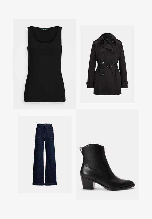 Zwarte double-breasted trenchcoat met brede kraag, riem in de taille, knoopmanchetten en zijzakken, voorkant op een effen achtergrond.; Zwart geribbeld tanktop met een ronde halslijn, aansluitende vorm en naadloze randen. Stof is zacht en rekbaar. Etiket zegt "LAUREN."; Donkerblauwe wijde denim broek met voorzakken, riemlussen en knoopsluiting op een egale lichte achtergrond.; Zwarte leren enkellaars met lage blokhak, ronde neus en trekriem aan de achterkant tegen een effen witte achtergrond.