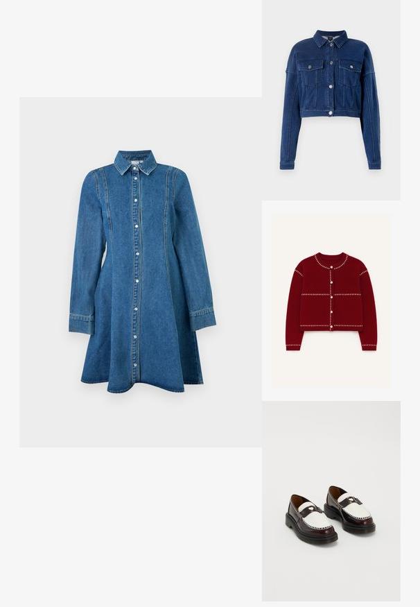 Afkortet, mørkeblå denimjakke med knaplukning foran, to brystlommer og klassisk krave. Udstyret med sølvhardware og syede detaljer.; Rød cardigan med knaplukning, lavet af strikket stof, med hvide syninger og en cropped design. Rund hals og lange ærmer.; Blå denim kjole med lange ærmer, krave, knaplukning foran og sømdetaljer, der flaner let ved kanten.; Par af to-tone brune og hvide læder loafers med syninger og sorte chunky såler på en ensfarvet baggrund.