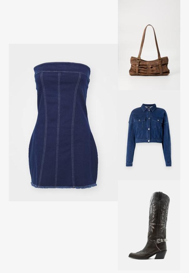 Afkortet, mørkeblå denimjakke med knaplukning foran, to brystlommer og klassisk krave. Udstyret med sølvhardware og syede detaljer.; Mørkeblå denim uden stropper med lodrette syninger, frynset kant og kontrastfuld hvid syning. Den tætsiddende design fremhæver silhuetten.; Sort læder cowboystøvle med dekorative udskæringer, sølvspænde og skrå hæl, vist på hvid baggrund.; Even&Odd Håndtasker - brown