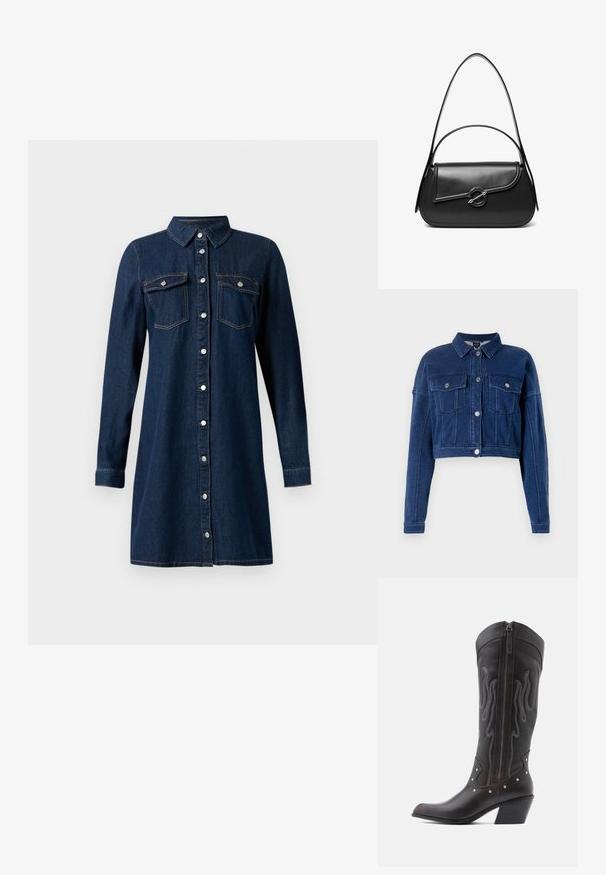 Gekürzte, dunkelblaue Jeansjacke mit Knopfverschluss an der Vorderseite, zwei Brusttaschen und klassischem Kragen. Besitzt silberne Hardware und genähte Details.; Dunkelblaues Denim-Hemdkleid mit langen Ärmeln und Kragen, silberne Druckknöpfe vorne und zwei Brusttaschen mit Klappen und Druckknöpfen.; Braune Cowboy-Stiefel aus Leder mit Flammenstickerei, seitlichem Reißverschluss, silbernen Nieten, spitzer Zehenpartie und geschichtetem Absatz.; Schwarze Lederschultertasche mit einer geschwungenen Klappe, die durch einen runden Metallverschluss gesichert ist, und einem schlanken, verstellbaren Riemen.