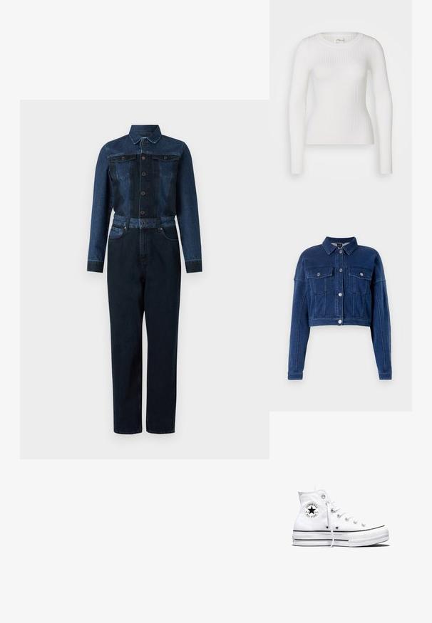 Korte, donkerblauwe spijkerjack met een knoopsluiting aan de voorkant, twee borstzakken en klassieke kraag. Voorzien van zilverkleurige hardware en gestikte details.; Denim jumpsuit in een diepblauwe kleur, met lange mouwen, knoopsluiting aan de voorkant, kraag en een ceintuur in de taille met twee borstzakken.; Witte lange mouwen geribbelde top met een ronde hals. De stof is soepel, met een subtiele textuur en een aansluitend ontwerp. Geen zichtbare hardware of patronen.; Witte hoge Converse Chuck Taylor All Star sneaker met zwart logopatch en witte veters, weergegeven op een witte achtergrond.