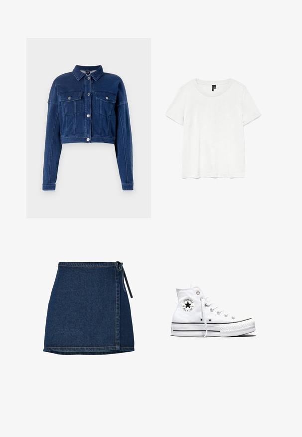 Afkortet, mørkeblå denimjakke med knaplukning foran, to brystlommer og klassisk krave. Udstyret med sølvhardware og syede detaljer.; Hvid kortærmet t-shirt med rund halsudskæring, lavet af letvægtsstof. Enkel design, glat tekstur og lige kant.; Denim nederdel med wrap-design, mørkeblå farve og en knyttet talje. Har syning detaljer langs kanten og sidesømmen.; Hvid højtop Converse Chuck Taylor All Star-sneaker med sort logo-patch og hvide snørebånd, vist på hvid baggrund.