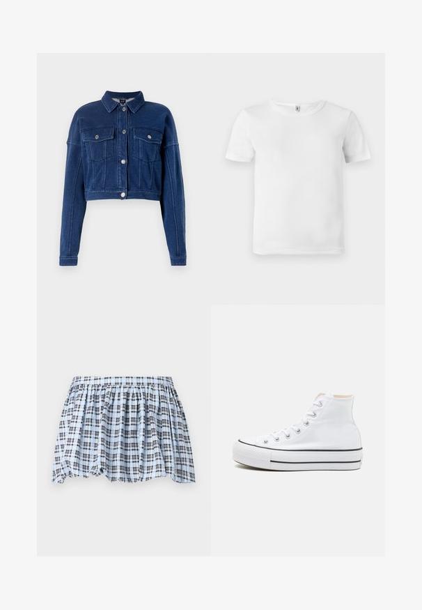 Veste en jean bleu foncé coupée, avec un devant à boutons, deux poches poitrine et un col classique. Présente des accessoires en métal argenté et des détails cousus.; T-shirt blanc à manches courtes avec une texture côtelée. Encolure classique, sans logos ni motifs visibles, et un design simple et épuré.; Jupe à carreaux bleue et blanche avec taille élastique et design froncé, ornée de lignes navy créant un motif texturé.; Baskets montantes blanches en toile, semelle en caoutchouc noir et bande noire contrastante sur la semelle intermédiaire. Bout rond et design à lacets.