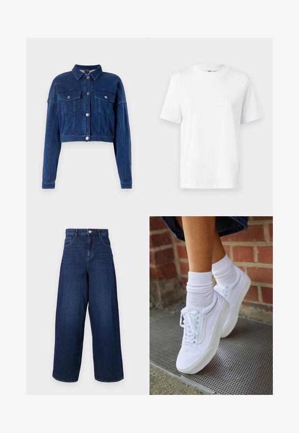 Gekürzte, dunkelblaue Jeansjacke mit Knopfverschluss an der Vorderseite, zwei Brusttaschen und klassischem Kragen. Besitzt silberne Hardware und genähte Details.; Weißes Baumwoll-T-Shirt mit Rundhalsausschnitt, kurzärmlig und mit glatter Textur. Entworfen mit einer lockeren Passform für Komfort und Vielseitigkeit.; Hellblaue weite Denim-Jeans mit hoher Taille, fünf Taschen und einem Knopfverschluss. Der Stoff hat eine glatte Textur mit dezentem Verblassen.; Weiße Leinensneaker mit Gummisohlen, ausgestattet mit sechs Ösen, runder Zehenpartie und dezenten Nähten, kombiniert mit weißen Knöchelsocken.
