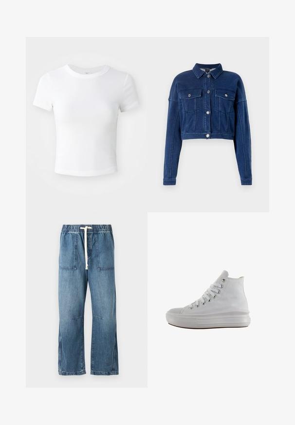 Gekürzte, dunkelblaue Jeansjacke mit Knopfverschluss an der Vorderseite, zwei Brusttaschen und klassischem Kragen. Besitzt silberne Hardware und genähte Details.; Weißes, kurzärmeliges, cropped T-Shirt mit Rundhalsausschnitt, auf einem neutralen, hellen Hintergrund präsentiert.; Blaue Jeanshose mit elastischem Bund und weißem Kordelzug. Verfügt über zwei Fronttaschen und ein weites Bein-Design, mit einer glatten Textur.; Weißer High-Top-Canvas-Sneaker mit weißen Schnürsenkeln, metallischen Ösen, dicker Gummisohle und strukturierter Zehenkappe, nach links auf weißem Hintergrund ausgerichtet.