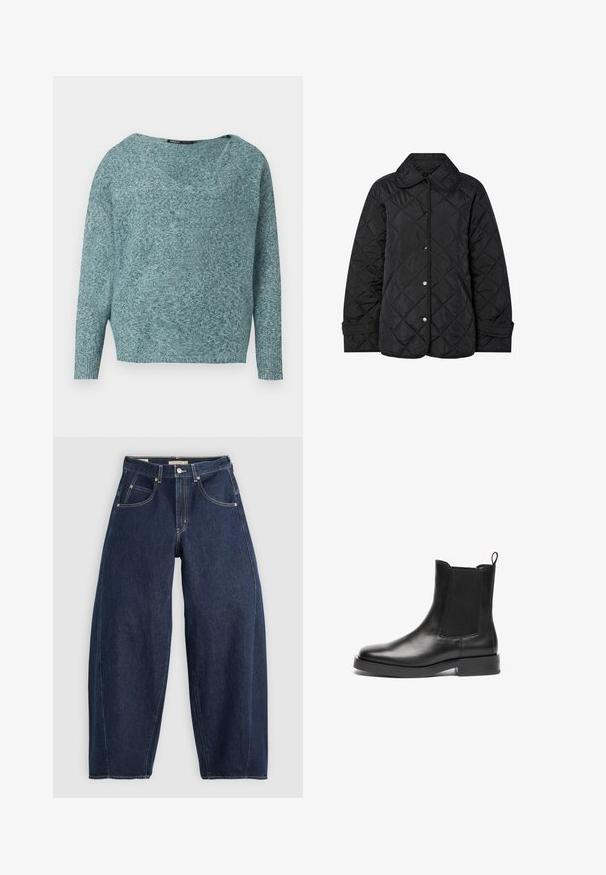 Schwarze gesteppte Jacke mit rundem Kragen, Druckknöpfen und diagonalen Steppnähten. Hergestellt aus glattem, leichtem Stoff.; Weicher Strickpullover in Türkis mit langen Ärmeln, gerippten Bündchen und weitem V-Ausschnitt.; Dunkelblaue Denim-Jeans mit lockerer Passform, heller Naht, fünf Taschen und einem Knopfverschluss am Bund.; Schwarze Leder-Chelsea-Stiefel mit elastischen Seiteneinsätzen, runder Zehenpartie, Zugschlaufe und robuster schwarzer Gummisohle. Glatte Oberfläche und klassisches Design.