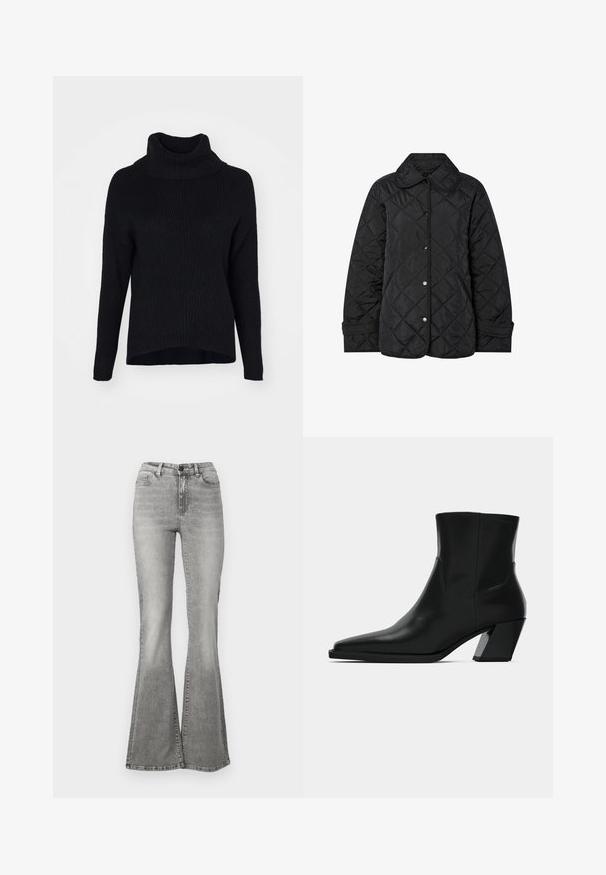 Veste matelassée noire avec col arrondi, fermetures à pression et piqures en diagonale. Fabriquée en tissu lisse et léger.; ONLY ONLKATIA SADDLE ROLL NECK - Pullover - black; Jean gris évasé en denim, avec une taille haute, des poches avant et un effet dégradé. L'ourlet est légèrement plus large, créant une forme évasée.; Bottine en cuir noir avec un bout pointu, une silhouette élégante et un talon carré massif. Texture lisse avec des détails de couture minimalistes.