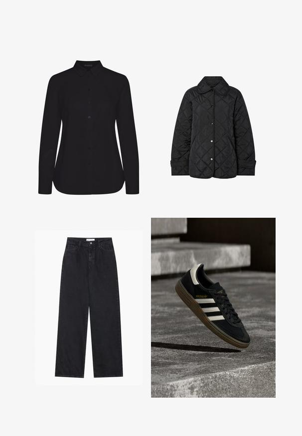 Schwarze gesteppte Jacke mit rundem Kragen, Druckknöpfen und diagonalen Steppnähten. Hergestellt aus glattem, leichtem Stoff.; Schwarzes Langarmshirt aus glattem Stoff, mit kragen und Frontknopfleiste, und gerader Saum.; Schwarze hoch geschnittene, weit geschnittene Jeans aus Denim mit Vorderknopf- und Reißverschluss, Gürtelschlaufen und fünf Taschen.; Schwarzer Adidas-Sneaker mit weißen Streifen und Gummisohle schwebt über grauen Betonstufen im natürlichen Licht.