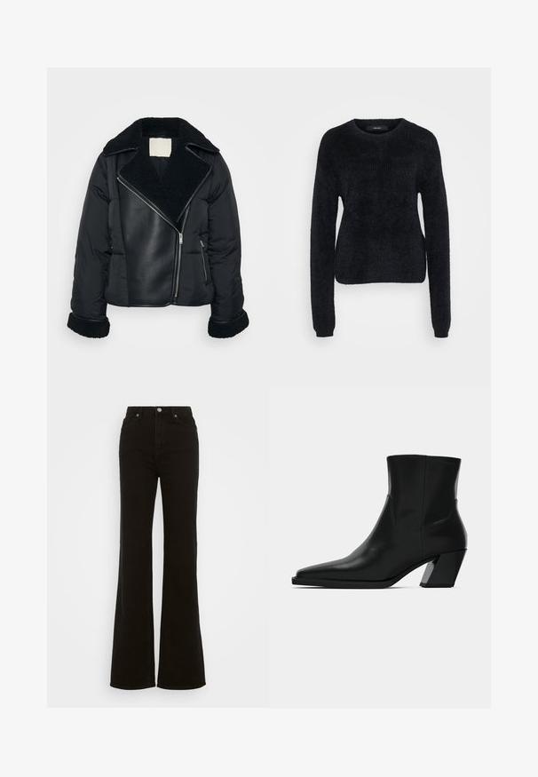Schwarze gepolsterte Jacke mit Kragen und Manschetten aus Kunstschafsfell, ausgestattet mit einem Leder-Frontpaneel und diagonaler Reißverschlussöffnung.; Schwarzer Pullover aus flauschigem Stoff, mit langen Ärmeln, weitem Rundhalsausschnitt und einem leicht verkürzten Saum mit strukturierter Oberfläche.; Hoch taillierte schwarze Schlagjeans aus Denim, mit Knopfverschluss, seitlichen Taschen und glatter Textur.; Schwarze Leder-Stiefelette mit spitzem Zeh, schlanker Silhouette und klobigem quadratischem Absatz. Glatte Textur mit minimalen Nähdetails.