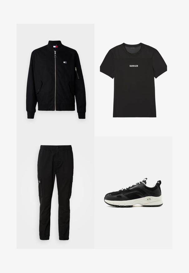 Chaqueta bomber negra con cremallera y ribete en el dobladillo y los puños, con bolsillos laterales y un parche de marca en el pecho. Textura de tela suave.; Camiseta deportiva negra de manga corta con malla en la parte superior del pecho y los hombros, con el logo "Calvin Klein" centrado en el frente.; Pantalones cargo negros con cintura elástica, cierre de botón, dos bolsillos laterales y dos bolsillos cargo. Tejido suave con un corte relajado.; Zapatilla negra y blanca de Armani Exchange con paneles de malla, cordones blancos y una suela gruesa con el logotipo A|X en el talón.