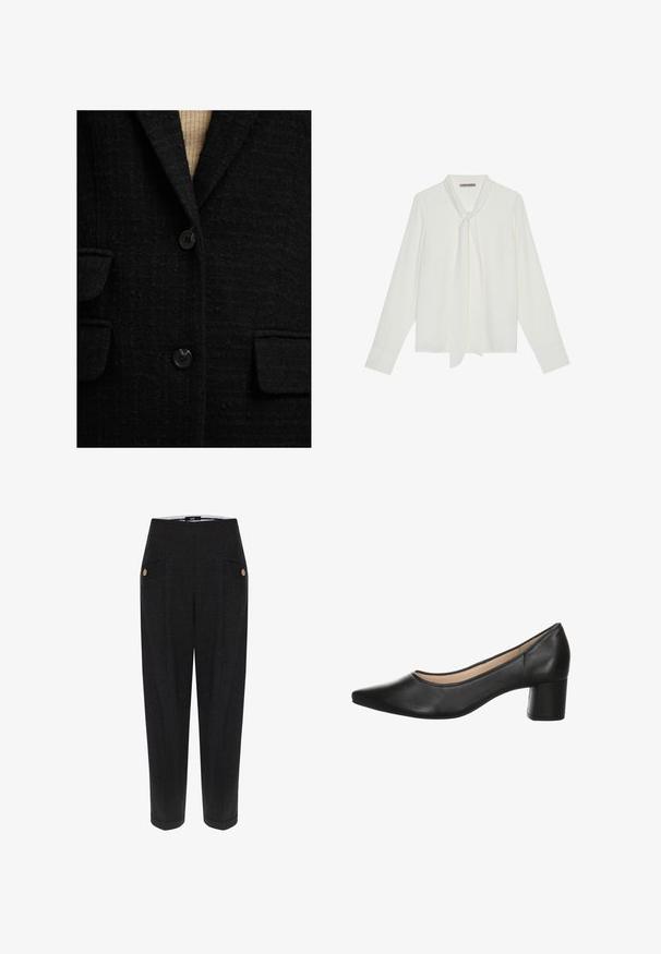 Blazer negro con textura, solapas con muesca, dos bolsillos frontales y cierre de un solo botón. Presenta un detalle sutil en la tela y botones lisos.; Blusa blanca de manga larga hecha de tela suave, con un lazo en el cuello y puños entallados. Diseño simple y clásico, sin patrones.; Pantalones negros a medida con un tejido texturizado, que presentan bolsillos frontales, acentos de botones en tono dorado y una silueta ajustada.; Zapato de tacón alto de cuero negro con punta afilada y un amplio tacón de bloque. Textura suave con un diseño minimalista y sin herrajes visibles.