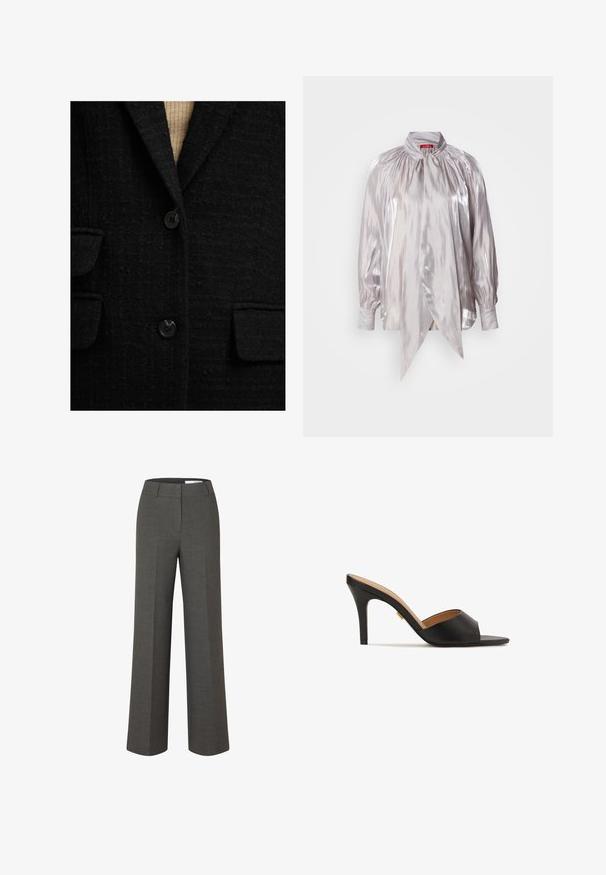 Blazer negro con textura, solapas con muesca, dos bolsillos frontales y cierre de un solo botón. Presenta un detalle sutil en la tela y botones lisos.; Blusa plateada de tejido brillante, con un cuello alto, cuerpo fruncido y mangas largas abullonadas con puños abotonados. Detalle de lazo notable en la parte frontal.; Pantalones anchos de pierna ancha de color gris oscuro a medida con pliegue frontal y cinturilla con presillas sobre fondo blanco.; Zapatillas de tacón alto abiertas en la parte delantera, de color negro, con un upper de cuero suave, punta almendrada y un elegante tacón de aguja. Detalle decorativo en tono dorado visible.