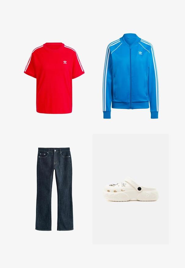Chaqueta azul con cremallera fabricada en tela suave. Presenta tres franjas blancas en las mangas, puños acanalados y un cuello redondo. No tiene bolsillos visibles.; Camiseta de algodón roja con cuello redondo, mangas cortas, con acentos de tres rayas blancas en los hombros y un pequeño logo blanco en el pecho.; Vaqueros de mezclilla azul oscuro con piernas rectas, botón frontal, cremallera y estilo de cinco bolsillos con remaches metálicos.; Zueco blanco sin cierre con agujeros de ventilación, adornos de estrellas y cuentas, correa trasera ajustable y suela gruesa texturizada.