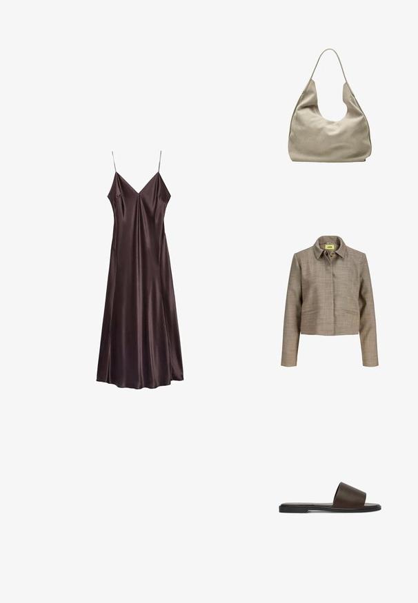 Bruine cropped jas met een kraag, verborgen knopen aan de voorkant en twee voorzakken met een schuine opening, gemaakt van gestructureerde stof.; Chocoladebruine slipdress van satijn met een V-hals, dunne bandjes en een vloeiende zoom die halverwege de kuit valt. Soepele textuur en minimalistisch ontwerp.; Bruine leren schuifsandaal met brede band en platte zwarte zool, zijaanzicht tegen een witte achtergrond.; Grote, zachte beige suède hobo tas met een brede schouderband en een nonchalante, ongestructureerde vorm, tegen een witte achtergrond.