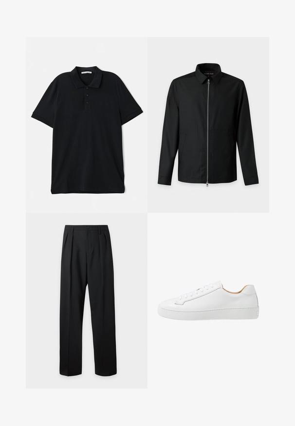 Schwarze legere Jacke mit langen Ärmeln, Kragen und durchgehendem Metallreißverschluss vorne, zwei Seitentaschen und geradem Saum.; Schwarzes Poloshirt aus Baumwolle, mit klassischem Kragen, Dreiknopf-Leiste, kurzen Ärmeln und einem dezenten Logo-Detail auf der Vorderseite.; Schwarze hoch taillierte maßgeschneiderte Hose mit Gürtelschlaufen, vorderen Falten, Knopfverschluss und geraden, weiten Beinen auf hellem Hintergrund.; Weiße Ledersneaker mit glatter Oberfläche, abgerundeter Zehenpartie, flachem Schnürdesign und einer dicken Gummisohle mit strukturiertem Grip-Muster.