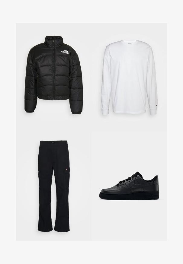Schwarze Pufferjacke mit Reißverschluss, hohem Kragen und elastischen Bündchen. Mit genähten Paneelen und einem Logo auf der linken Schulter.; Weißes Langarm-T-Shirt aus Baumwolle. Rundhals-Design mit gerippten Bündchen und kleinem Logo auf dem linken Ärmel. Glatte Textur.; Schwarze Cargo-Hose mit geradem Bein, aus strapazierfähigem Stoff gefertigt, mit Seitentaschen und einem aufgenähten Logo auf der linken Seite.; Schwarzer Nike Air Force 1 Schuh mit einem glatten Lederoberteil, perforierter Zehenpartie für Atmungsaktivität, schwarzen Schnürsenkeln und einer strukturierten Gummisohle.