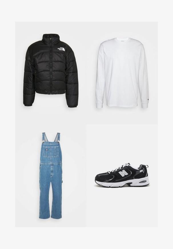 Schwarze Pufferjacke mit Reißverschluss, hohem Kragen und elastischen Bündchen. Mit genähten Paneelen und einem Logo auf der linken Schulter.; Weißes Langarm-T-Shirt aus Baumwolle. Rundhals-Design mit gerippten Bündchen und kleinem Logo auf dem linken Ärmel. Glatte Textur.; Jeanslatzhosen in Hellblau mit verstellbaren Trägern, einer Vorderasche und Seitentaschen. Lockere Passform mit geraden Beinen, aus Baumwollstoff gefertigt.; Schwarze und graue Sportschuhe mit Obermaterial aus Mesh und Wildleder, ausgestattet mit einer weißen Zwischensohle, Schnürsenkeln und einem markanten "N"-Logo an der Seite.