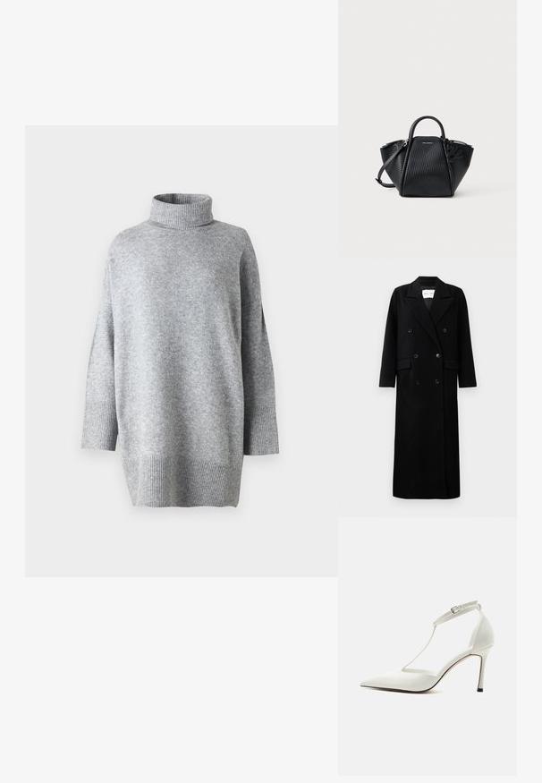 Schwarzer Wollmantel mit einem doppelt knöpfbaren Design, großen eingekerbten Revers, frontalen Taschen und sechs passenden Knöpfen. Langer, gerader Schnitt.; Grauer Rollkragenpullover aus strukturiertem Strickstoff, mit Dreiviertelärmeln und gerippten Bündchen, locker geschnitten und mit seitlichen Schlitzen.; Weißer spitzer High Heel mit dünnem Knöchelriemen und Schnalle, glatter Oberfläche und schlankem Stiletto-Absatz auf einfarbigem Hintergrund.; Schwarze strukturierte Handtasche mit vertikal gerippter Textur, zwei Griffen, abnehmbarem Schultergurt und Reißverschlussverschluss vor einem schlichten Hintergrund.