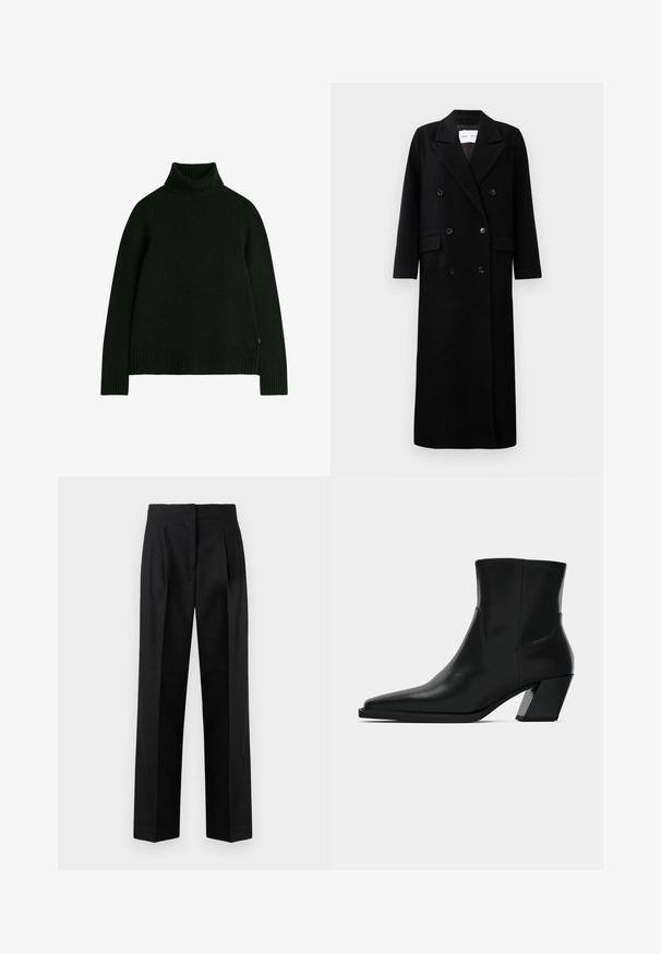 Sort uldfrakke med dobbeltradet design, store afdækkede revers, forlommer og seks matchende knapper. Lang, lige pasform.; Sort turtleneck sweater lavet af strikket materiale, med ribbede mansjetter og kant. Enkelt design med en afslappet pasform og lange ærmer.; Sorte trousers lavet af vævet stof, med et skræddersyet design med plisseringer, lige ben og flad front. Holdbar og glat tekstur.; Sortlæder ankelstøvle med spids tå, en slank silhuet og en kraftig firkantet hæl. Glat tekstur med minimale stikninger.