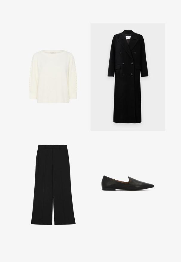 Sort uldfrakke med dobbeltradet design, store afdækkede revers, forlommer og seks matchende knapper. Lang, lige pasform.; Kaffe KABETTY - Striktrøje - chalk cc; Sorte bukser med vide ben lavet af et glat stof. De har høj talje, dobbelt forreste læg og bæltestropper. Ingen synlige lommer eller pynt.; Sorte læderballerinaer med spids tå, lav tekstureret hæl og et elegant udskåret område omkring vristen for nem at kunne tage dem af og på.