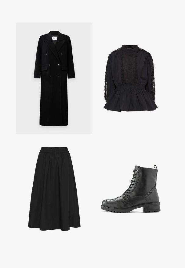 Zwarte wollen jas met een dubbelgebreid ontwerp, grote notch-lapels, voorzakken en zes bijpassende knopen. Lange, rechte snit.; Zwarte blouse met hoge kraag, knoopsluiting aan de voorkant, kantdetails op de mouwen, gerimpelde taille en een uitlopende zoom. Zachte stof met textuuraccenten.; Zwarte, knie-lange rok van katoen, met een elastische tailleband, ge gathered textuur en een gladde afwerking zonder zichtbare patronen.; Zwarte leren enkellaars met brogue details, vetersluiting, robuuste zool en een lusje bij de hiel voor gemakkelijk aan- en uittrekken.