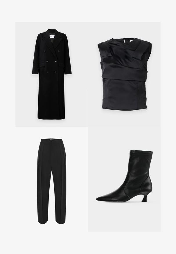 Schwarzer Wollmantel mit einem doppelt knöpfbaren Design, großen eingekerbten Revers, frontalen Taschen und sechs passenden Knöpfen. Langer, gerader Schnitt.; Schwarzes Satin-Top mit strukturiertem Design, breiten Schultern und asymmetrischem Vorderteil, das hinten mit einem Reißverschluss geschlossen wird.; Schwarze weit geschnittene Hose mit hoher Taille, aus einem glatten Material und mit zwei vorderen Falten. Entworfen in einem klaren, maßgeschneiderten Schnitt.; Schwarzer Leder-Stiefel bis zur Mitte der Wade mit spitzer Schuhspitze und niedrigem Kittenabsatz, seitlich auf hellem einfarbigem Hintergrund gezeigt.
