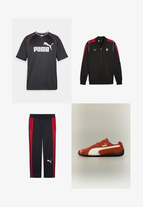 Zwarte zip-up jas met rode accenten, witte stiksels en Puma-logo; bevat Ferrari-embleem op de borst en twee zijzakken.; Zwarte Puma sportt-shirt met korte mouwen, wit logo, rode accenten langs de schouders en een v-hals. Gemaakt van lichtgewicht materiaal.; Zwarte sportieve broek met rode zijstrepen, elastische tailleband en ritssluitingen in de zakken. Heeft een wit logo op het onderbeen.; Lage rode Puma sneaker met een witte zijstreep, Puma-logo op de zijkant en teen, en een zwarte zool op een neutrale achtergrond.