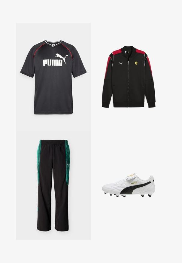 Chaqueta negra con cremallera y acentos rojos, costuras blancas y logo de Puma; presenta el emblema de Ferrari en el pecho y dos bolsillos laterales.; Camiseta deportiva negra de Puma con mangas cortas, logo blanco, acentos rojos en los hombros y cuello en forma de V. Fabricada con material ligero.; Pantalones deportivos negros con paneles laterales verdes con estampado y una cintura elástica, con un logo blanco de Puma en el lado derecho.; Botín de fútbol blanco con raya negra, tacos moldeados, cordones y una solapa de lengüeta con velcro que muestra logotipos dorados.