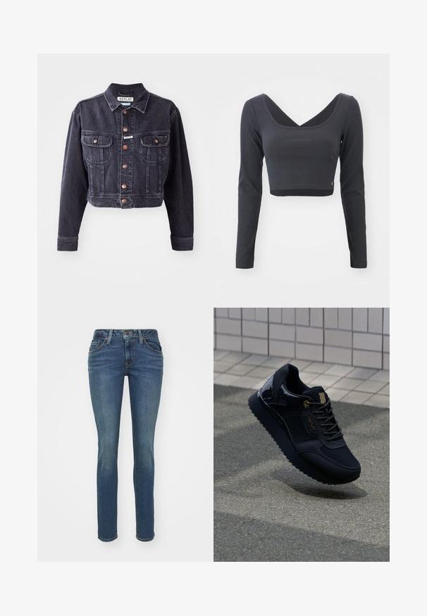 Beskaaret sort denimjakke med knaplukning foran, to brystlommer og kontrasterende syninger. Har en klassisk krave og holdbart stof.; Langærmet, cropped top i mørkegrå ribbet stof. Har en dyb V-halsudskæring og ensfarvet med et lille logo ved sømmen.; Blå denim jeans i slim-fit med fem lommer, synlig syning og lynlås. Har en let brugt tekstur for ekstra detalje.; Sort sneakers med mesh-overdel, glinsende detaljer, guldfarvet hardware, tekstureret sål og polstret krave for komfort.