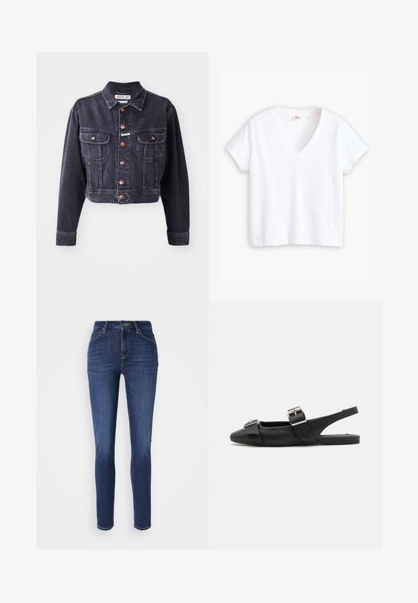 Beskaaret sort denimjakke med knaplukning foran, to brystlommer og kontrasterende syninger. Har en klassisk krave og holdbart stof.; Hvid bomulds t-shirt med v-hals, korte ærmer og lige kant. Blød tekstur, minimalistisk design, ingen mønstre eller detaljer.; Slim-fit jeans i mørkeblå denim med subtil falmning. Har fem lommer, bæltestropper og en frontknaplukning. Standard lige ben design.; Sorte læderslippersko med flad sål, firkantet tå og to spænder over vristen. Glat tekstur med minimal detaljering.