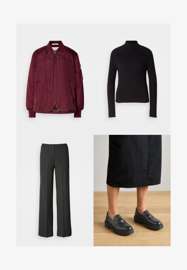Chaqueta bomber acolchada en burdeos con cierre de cremallera, puños acanalados y bolsillos laterales. Presenta una textura suave y un patrón sutil en la tela.; Suéter negro de cuello alto con mangas largas, diseño ajustado y superficie texturizada. Fabricado con un tejido de punto elástico.; Pantalones de pierna ancha en gris oscuro, hechos de tejido texturizado. Cuentan con una cinturilla ajustada y un sutil patrón de rayas.; Zapatos negros de cuero tipo slipper con punta redonda, que presentan un panel cosido y una suela robusta, situados sobre un fondo de suelo de madera.