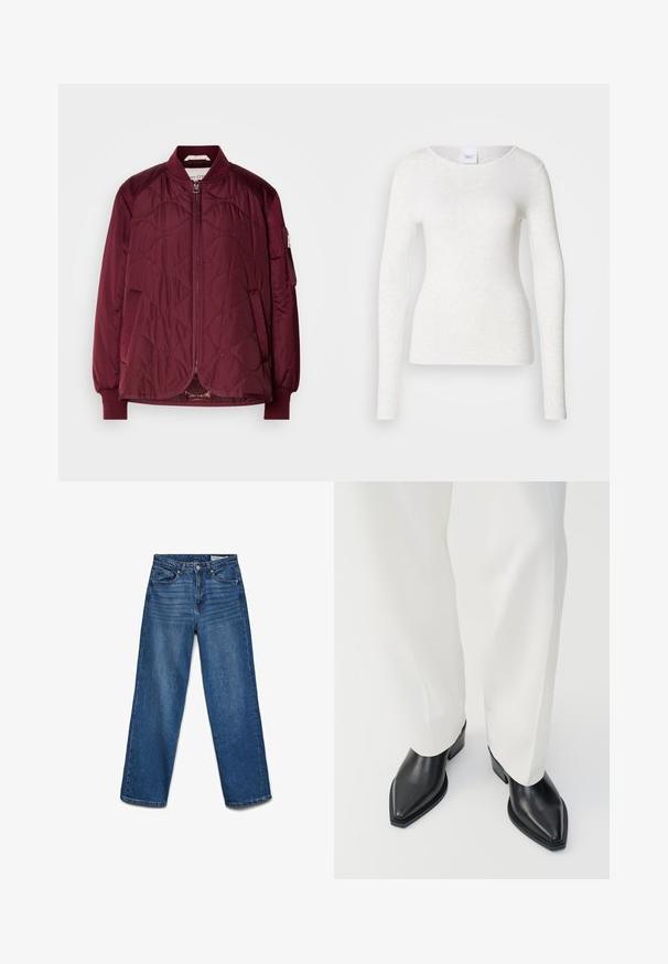 Chaqueta bomber acolchada en burdeos con cierre de cremallera, puños acanalados y bolsillos laterales. Presenta una textura suave y un patrón sutil en la tela.; Camiseta blanca de manga larga en un tejido suave y ligero con escote redondo y ajuste slim, con una textura sutil.; Vaqueros azules de pierna recta con botón y cremallera delanteros, cinco bolsillos y detalles sutiles de desgaste en los muslos.; Botas de tobillo negras con punta afilada y acabado de cuero liso, con tacones bajos y bloque, combinadas con pantalones blancos de pierna ancha. Diseño simple y moderno.