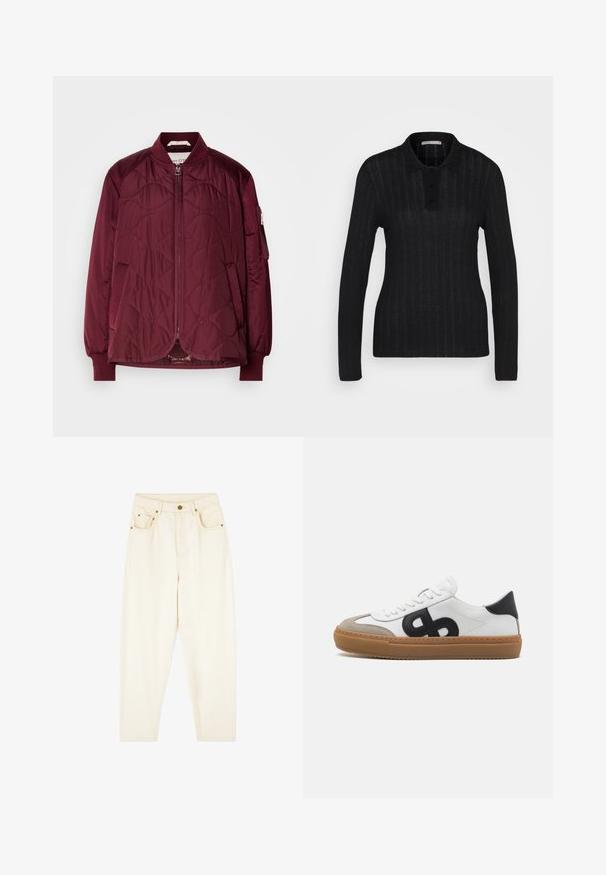 Burgunderfarbene gesteppte Bomberjacke mit Reißverschluss, gerippten Bündchen und seitlichen Taschen. Verfügt über eine glatte Textur und ein dezentes Muster im Stoff.; Anna Field by Zalando Poloshirt - black; Cremfarbene Jeans mit geraden Beinen, zwei Vordertaschen und goldenen Hardware-Details. Glatte Textur mit klassischem Design.; Weiße Leder-Sneaker mit schwarzem Logo, Suede-Akzenten und Gummisohle. Besitzt flache weiße Schnürsenkel und ein rundes Zehen-Design.