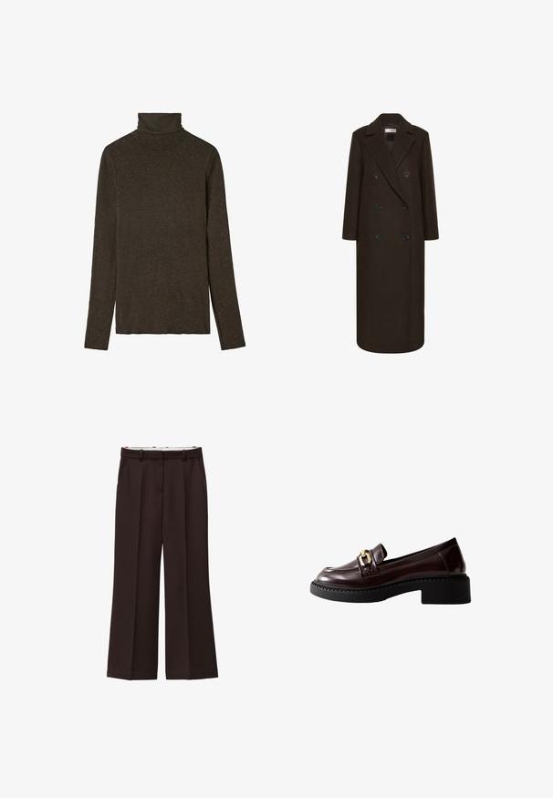Brun uld dobbeltbrystet frakke med store sorte knapper, spidse klapper og sidelommer. Lang, lige silhuet med en skræddersyet pasform.; Mørkebrunt turtleneck top lavet af blød, struktureret stof. Har lange ærmer og en tætsiddende pasform, med en glat halsudskæring.; Viddebukser i mørkebrun stof, med høj talje, dobbelte læg og sidelommer. Glat tekstur med bæltestropper.; Brune patenterede læder loafers med en kraftig sort sål, med en guldbeslag accent på fronten og diskrete syninger på siderne.