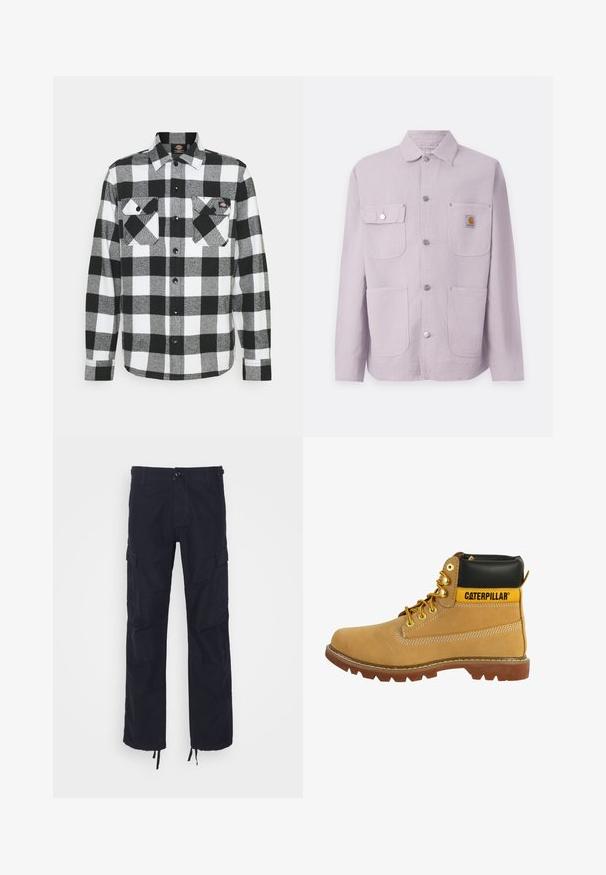 Chaqueta de trabajo de color púrpura claro, hecha de tejido resistente, con cuello tipo solapa, dos bolsillos frontales, botones a presión y un parche con el logo en el bolsillo izquierdo.; Camisa de franela en blanco y negro con un patrón de cuadros, que cuenta con dos bolsillos en el pecho, cierre frontal con botones y un cuello. Tela suave y texturizada.; Pantalones cargo negros de corte relajado, con bolsillos laterales, cierre de botón y dobladillos ajustables. Fabricados en un tejido de algodón duradero.; Bota de cuero marrón con un cuello negro, acentos amarillos, ojales dorados y una suela robusta. Presenta una costura lateral y un detalle de costura en contraste.