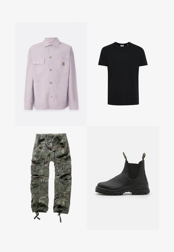 Chaqueta de trabajo de color púrpura claro, hecha de tejido resistente, con cuello tipo solapa, dos bolsillos frontales, botones a presión y un parche con el logo en el bolsillo izquierdo.; Camiseta negra lisa de manga corta y cuello redondo mostrada sobre un fondo blanco, sin logotipos ni estampados visibles.; Pantalones cargo de camuflaje, confeccionados en algodón, con múltiples bolsillos, puños elásticos y un corte holgado con cintura ajustable mediante cordón.; Botas negras hasta el tobillo hechas de goma suave, con paneles laterales elásticos, una suela texturizada para mayor agarre y lengüetas en la parte trasera para facilitar su colocación.