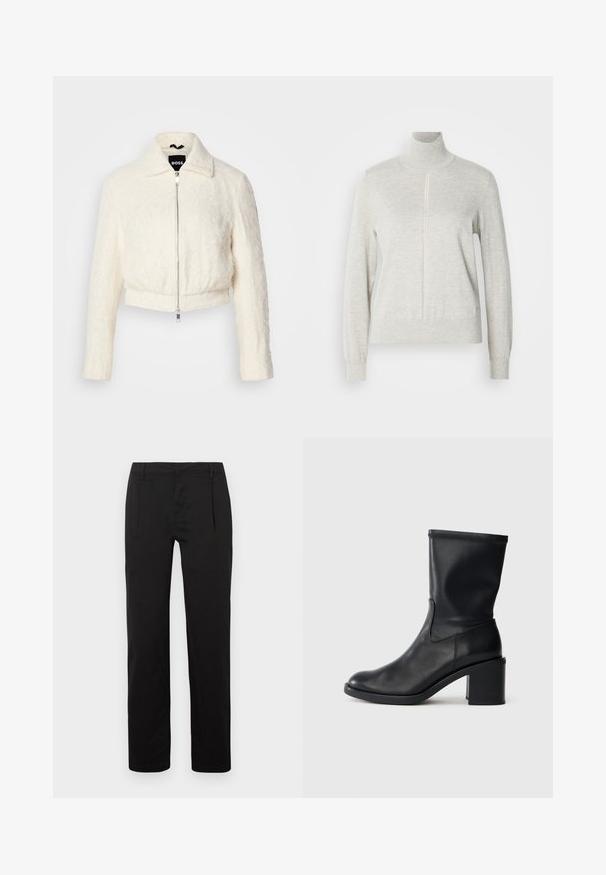 Veste blanche courte en tissu texturé avec un col et une fermeture à zip argenté. Manches longues et coupe décontractée.; Pull léger gris avec un col haut et une fermeture éclair quart. Fabriqué à partir d'un matériau doux et texturé, il présente des manches longues et un ourlet ajusté.; Pantalon noir à jambes droites, doté d'une texture lisse, de plis à l'avant et d'une ceinture standard. Aucun motif ou accent notable.; Botte en cuir noir à cheville avec un bout rond, texture lisse et un talon épais, présentant un tige ajustée et un subtil détail de couture.