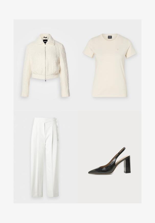 Veste blanche courte en tissu texturé avec un col et une fermeture à zip argenté. Manches longues et coupe décontractée.; T-shirt à manches courtes couleur crème, col rond, avec petit logo brodé sur le côté gauche de la poitrine et étiquette noire "BOSS" à l'intérieur du col.; Pantalon blanc taille haute avec plis et détail de nœud sur le côté, coupe droite et fermeture cachée.; Chaussure slingback en cuir noir à bout pointu avec un talon bloc haut et une doublure intérieure beige sur un fond clair uni.