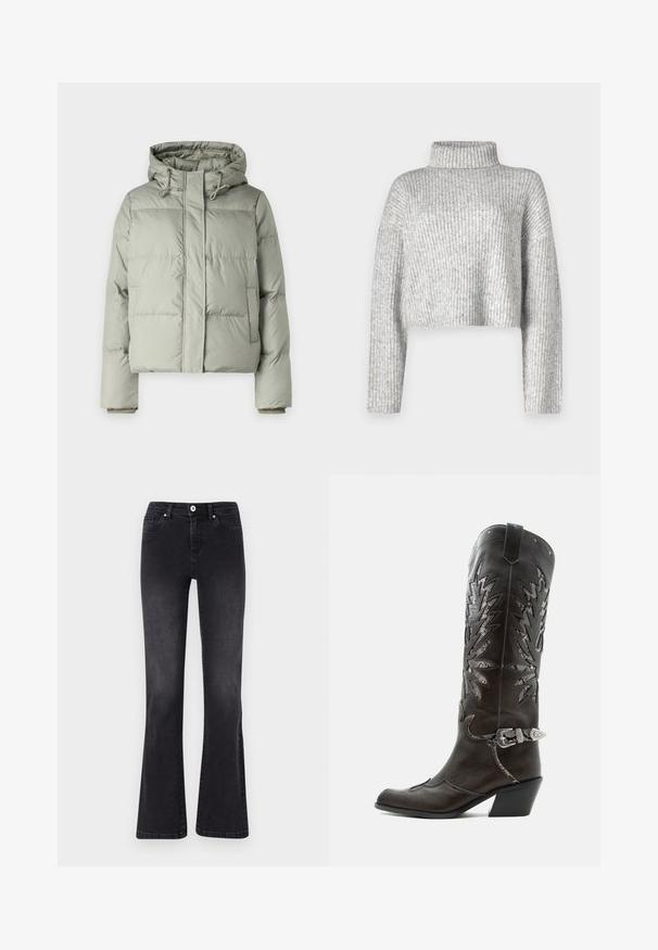 Veste matelassée vert clair avec capuche, présentant un design court, des panneaux cousus et des poignets élastiques. Comprend un cordon de serrage au niveau du cou.; Pull gris court en tissu côtelé, doté d'un col haut et de manches longues, avec une texture douce et une légère variation de couleur.; Jeans évasés noirs en denim, dotés d'une fermeture à bouton, de cinq poches et d'un léger délavage. Détails cousus le long des coutures.; Botte de cowboy en cuir noir avec découpes décoratives, boucle argentée et talon incliné, présentée sur fond blanc.